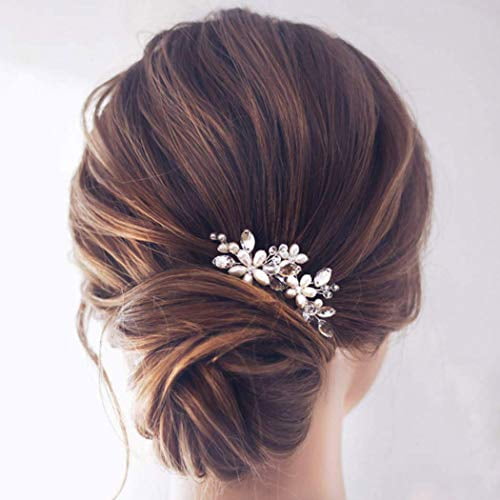 Women Silver Metal Head Jewelry Long Leaf Hair Pin Flower Pearl Wedding Bridal